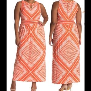 London Times Tangerine Orange and White Diamond Print Jersey Maxi Dress